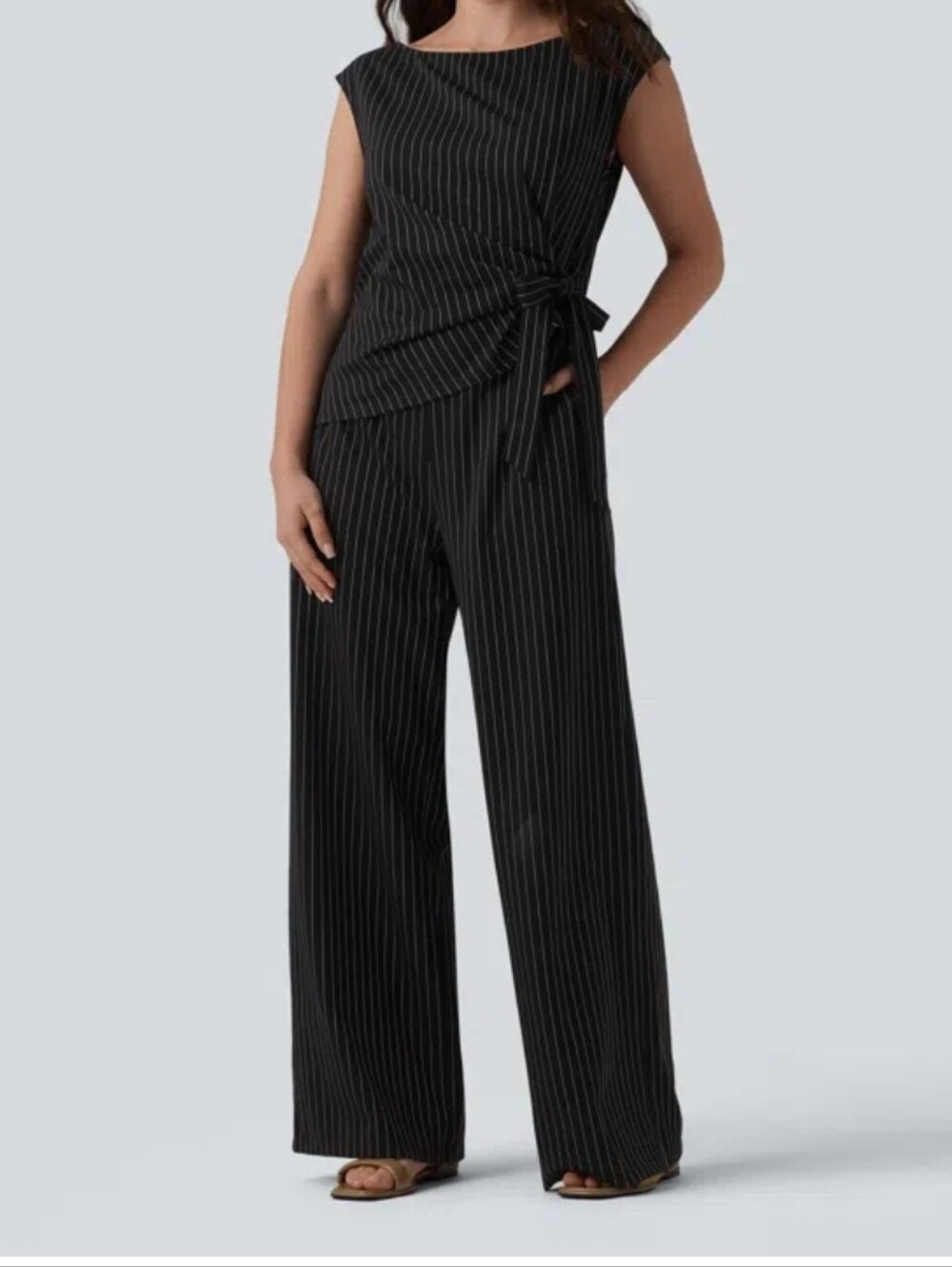 HALARA NWT Boat Neck Sleeveless Tie Side Cool Touch Stripe Work Jumpsuit Size L.